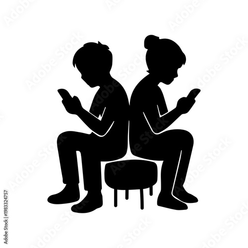 Children ignoring each other using smartphones back to back