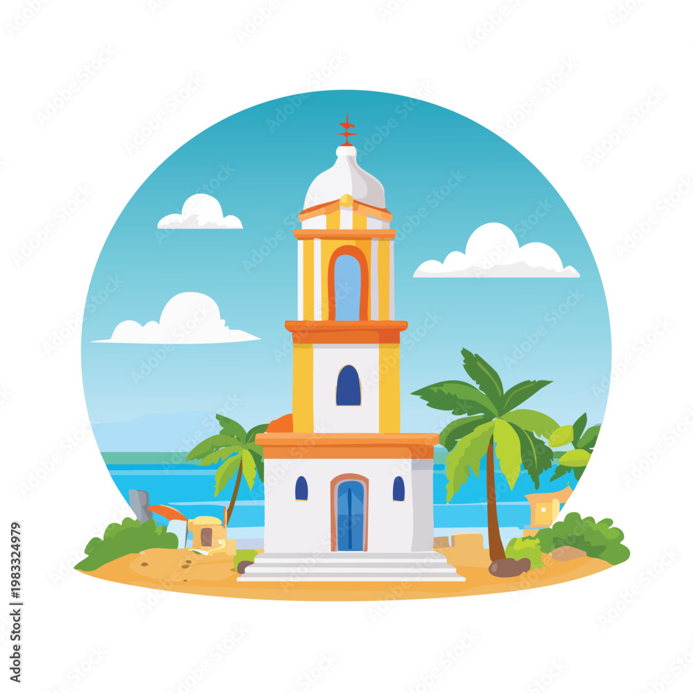 Obraz premium Tower illustration on beach with palm trees and sky in cartoon style