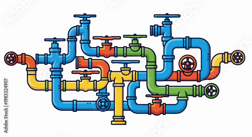 Colorful, interconnected plumbing pipes with various valves and joints