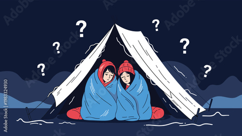 Two people shivering and huddled together in blankets inside a camping tent at night with question marks around them.