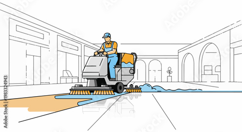 Cleaner operates a ride-on floor scrubber in a commercial walkway