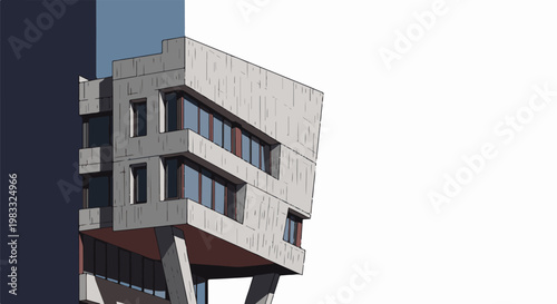 Geometric building with concrete facade, large windows, and angled support columns
