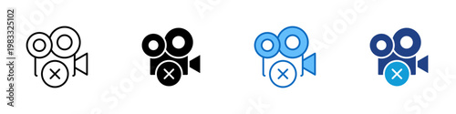 Video Record Restriction Multiple Style Icon Design Vector - Film camera with cross representing video restriction, recording prohibition, and media privacy control