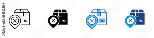 Delivery Location Error Multiple Style Icon Design Vector - Package with location pin and cross mark representing delivery issue, address error, and shipment problem