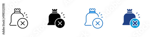 No Money Multiple Style Icon Design Vector - Money bag with cross representing financial restriction, payment denial, and budget limitation