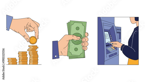 Financial concept showing hands saving gold coins, holding dollar bills, and using an automated teller machine.
