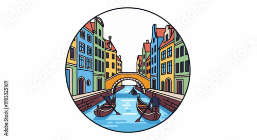 Colorful canal houses and gondolas under a bridge