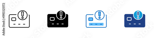 Card Payment Alert Multiple Style Icon Design Vector - Payment card with warning badge representing transaction issue, payment failure, and billing alert notification