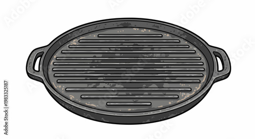 Cast iron grill pan with ridged cooking surface and handles