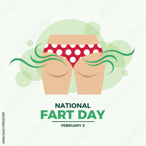 National Fart Day poster vector illustration. Farting buttocks in panties cartoon. Flatulence icon. Template for background, banner, card. February 5 every year. Important day