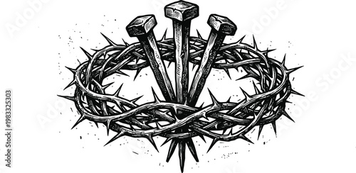Crown of thorns and three nails vector, crucifixion of Jesus Christ symbol