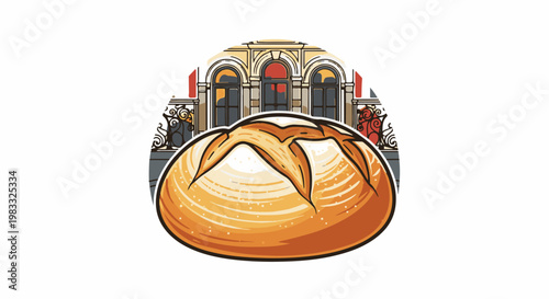 Large, golden-brown loaf of bread in front of a classical building with arched windows