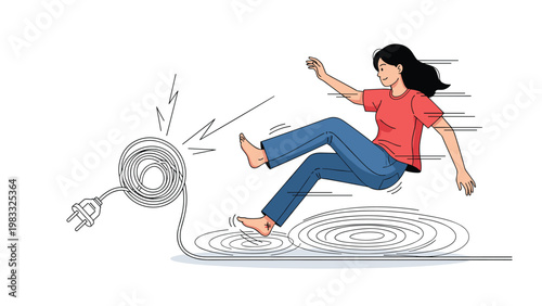 Young woman in a red shirt tripping over a tangled black electrical extension cord and falling down on the floor.