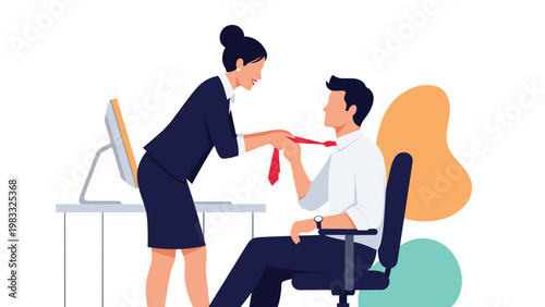Flirty businesswoman pulling on a male colleagues red tie while he sits at his office desk and tries to work.