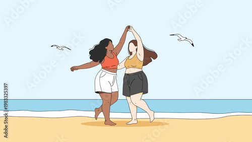 Two happy plus size women dancing together on a sandy beach by the ocean during a sunny summer vacation trip.