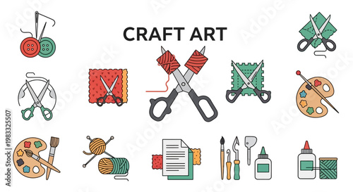 Colorful craft art supplies icons set.