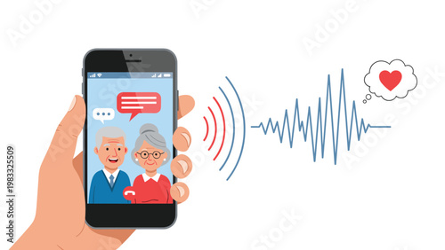Close-up of hand holding mobile phone during video call with happy grandparents showing deep connection and love.