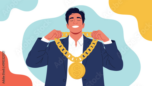 Successful wealthy man in elegant suit showing off thick gold necklace with large dollar sign coin medallion.
