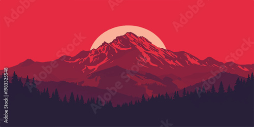 A breathtaking mountain landscape at dawn and dusk features the sun glowing over peaks and hills amidst mist, clouds, and a silhouette of a forest under a vibrant sky