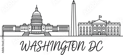 Washington DC skyline line art, Capitol and White House vector illustration