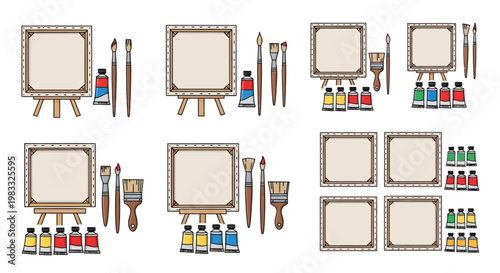 Multiple empty canvas on easel boards.