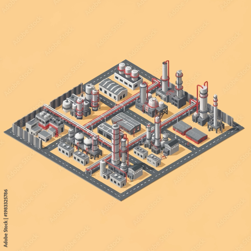 Obraz premium Isometric view of a large industrial complex with multiple towers and pipelines.