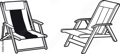 Deck Chair Vector Illustration – Black and White Beach Lounge Chair Icon Set