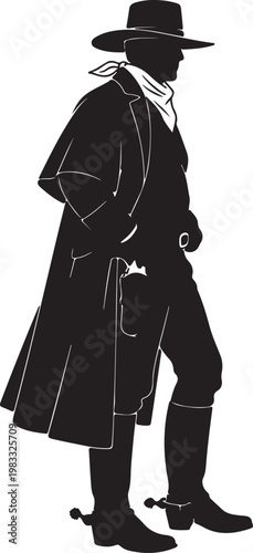 Black silhouette of an 1800s cowboy in classic Western fashion, featuring a duster coat, hat, bandana, gun in holster, and spurs.