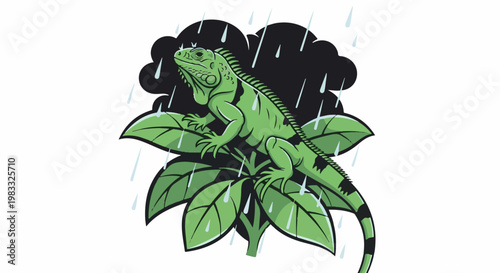 Cartoon iguana perched on leaves during a rainstorm