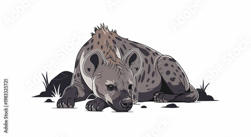 Cartoon hyena resting low on a grassy patch of dirt