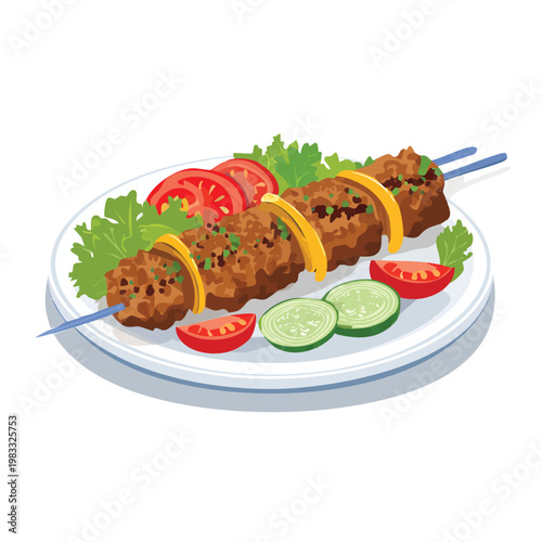 Delicious grilled kebab with fresh vegetables on a white plate isolated