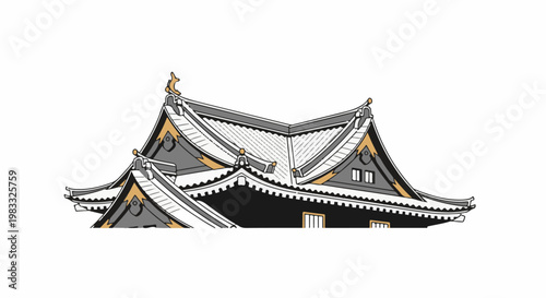 Ornate, multi-tiered traditional roof structure with detailed tiling and decorative elements