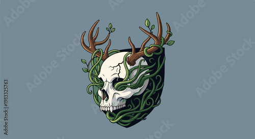 Pixelated skull with antlers and vines on dark shield