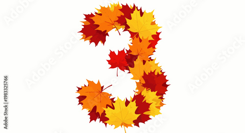 Number three formed by a swirling arrangement of autumn maple leaves