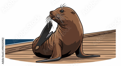 Brown seal perched on a wooden dock, scratching its head