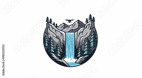 Scenic waterfall cascading between rocky cliffs with drone overhead