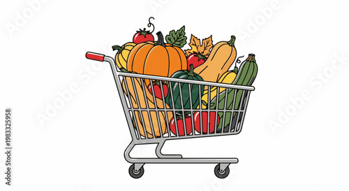 Shopping cart overflowing with colorful autumn vegetables and fruits