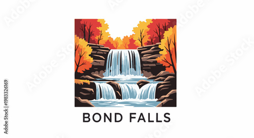 Stylized autumn waterfall cascading over rocky ledges into pools below