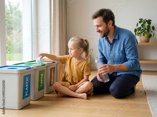Sustainable Family Recycling at Home, Parent Teaching Child Eco Friendly Waste Sorting