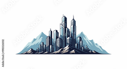 Stylized city skyline nestled against a backdrop of majestic mountains
