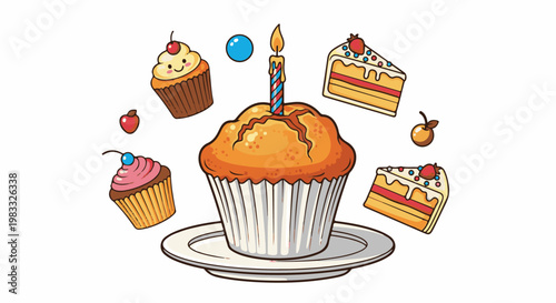 Sweet celebration with cupcakes, cake slices, and festive fruits