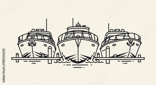 Three identical motor yachts docked side by side in a simple line drawing