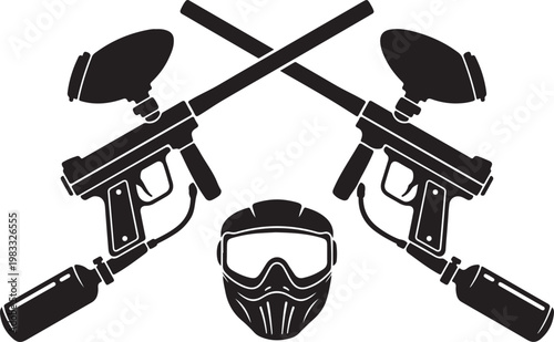Paintball guns and mask icon set with paintball equipment competition recreation silhouette illustration collection protection reloaded training