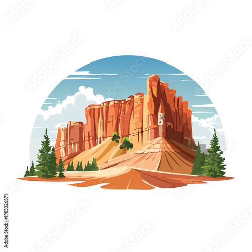 Desert canyon illustration with red rock formations and green trees under blue sky