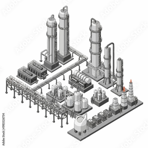 Isometric illustration of a complex industrial oil refinery plant with distillation towers and pipelines.