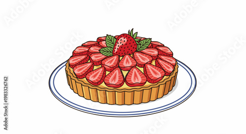 Delicious strawberry tart with fresh fruit and mint on a white plate
