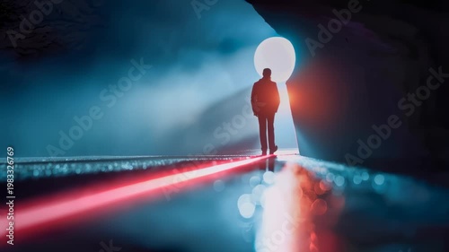 Blurred figure in keyhole light with red laser line, mystery, surveillance and access concept