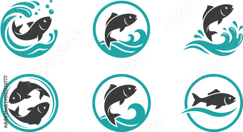 Fish and wave logo set, jumping salmon or trout icons for fishing club