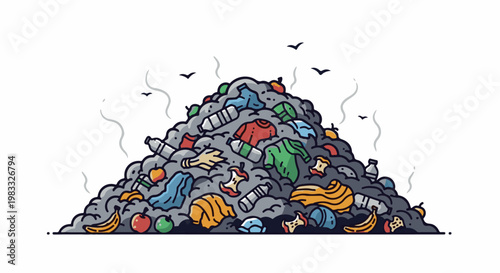 Pile of garbage with clothes, fruit scraps, plastic bottles, and birds