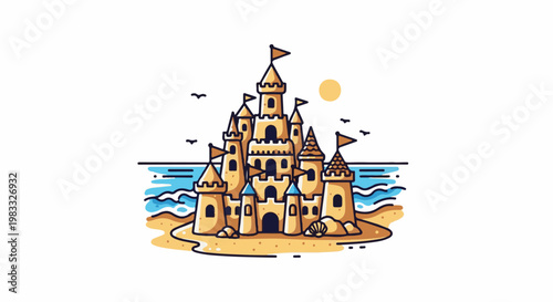 Detailed cartoon sandcastle with flags on a beach by the ocean, sun, and birds
